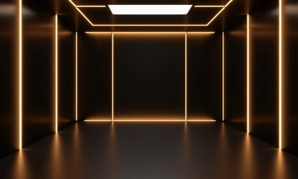 A warm dark studio interior with architectural gold light lines