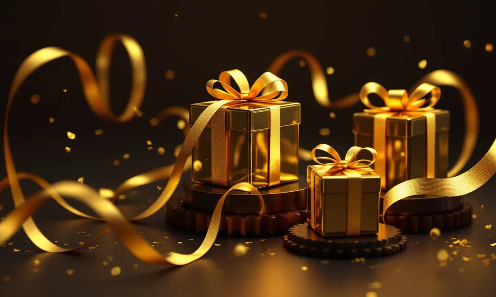 Gold-wrapped geometric forms and ribbon lines flowing through dark glass gears