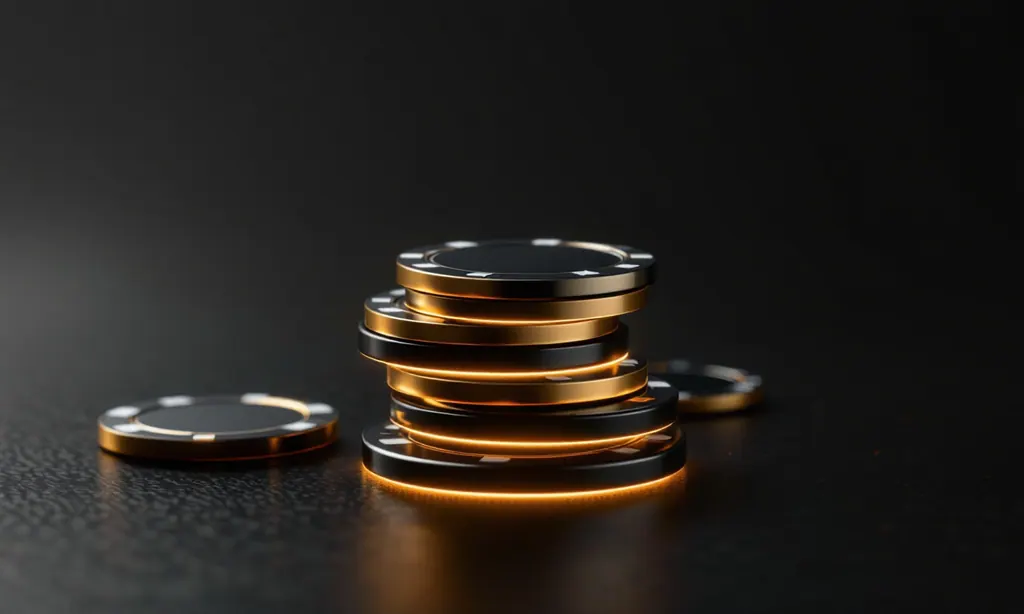 Dark glass casino chips and card-shaped slabs with gold rim lighting