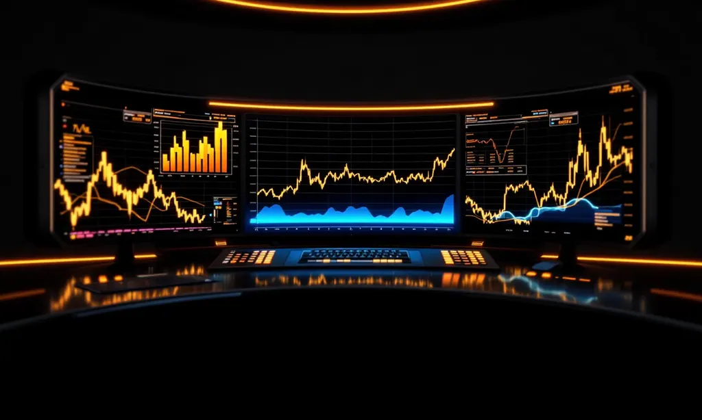 A dark control room desk with curved smoked-glass displays showing abstract gold charts