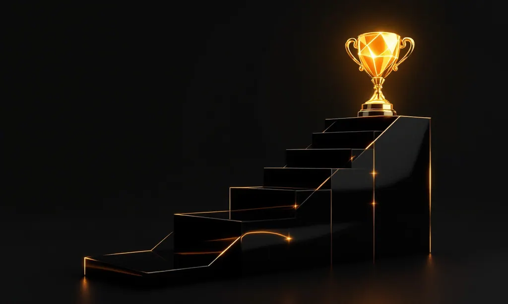 Ascending dark glass steps with gold progress rings leading to a glowing gold form