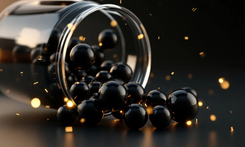 Blank glossy dark and gold spheres tumbling out of a transparent glass drum