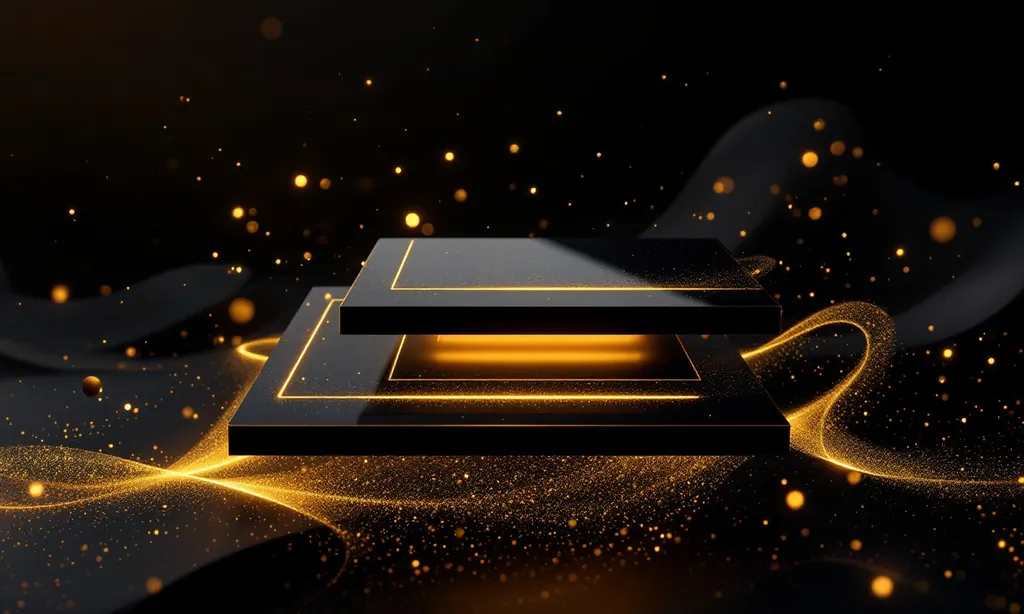 Floating dark glass panels arranged like a modular platform, edged with gold light