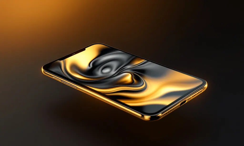 A dark glass smartphone and tablet with abstract gold interface shapes