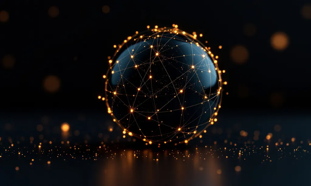 A dark globe formed from fine gold dotted lines and glowing arcs