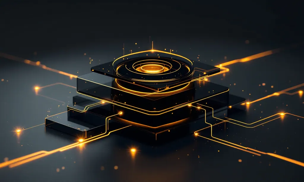 Stacked translucent dark glass layers connected by glowing gold threads around a central core