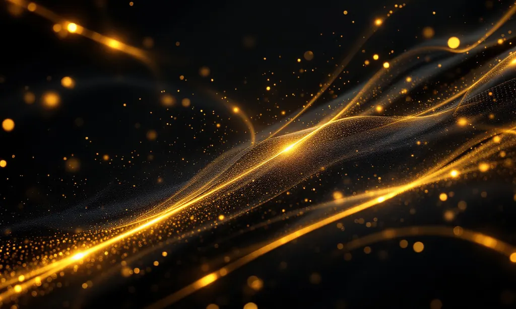 Abstract gold light trails sweeping across a dark stadium seen from above
